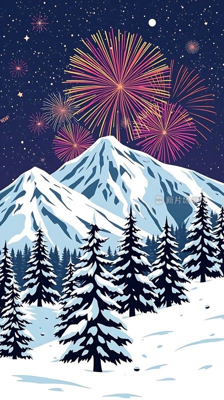 雪夜烟花映雪山