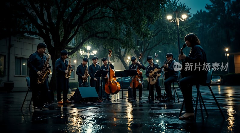 雨夜街头乐队演奏