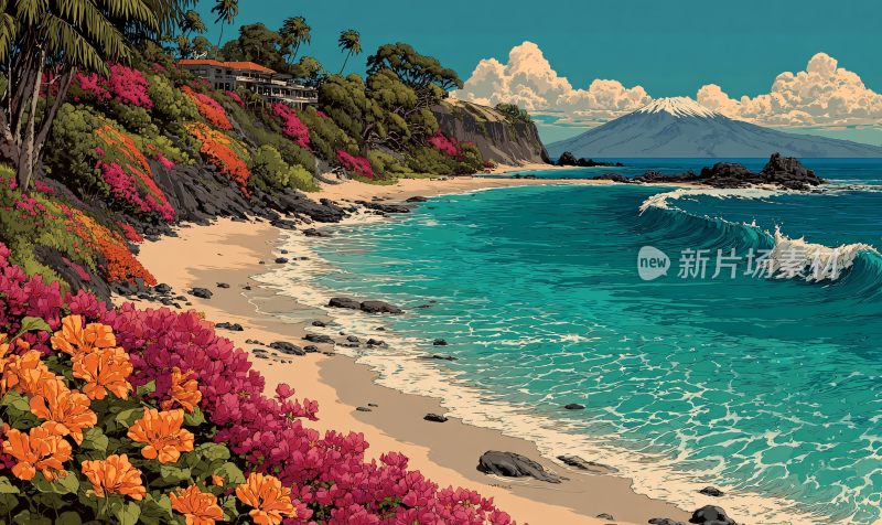 美丽多彩的海边风景插画