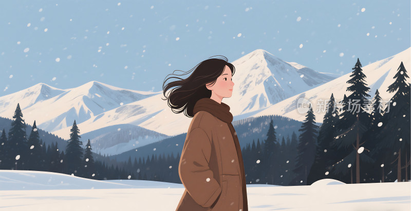 扁平风格冬天雪地里的女孩插画