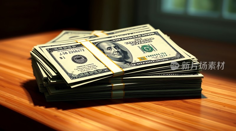 百元美钞堆叠金钱与财富的象征