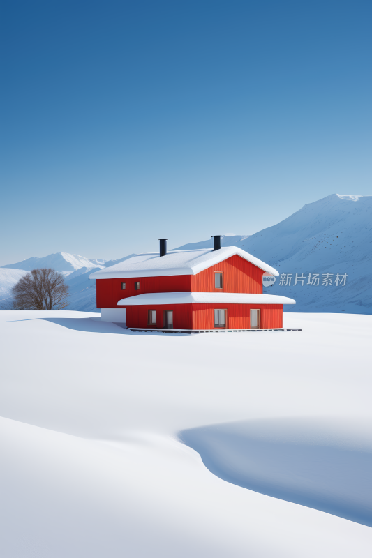 雪地中央一座红房子背景图片