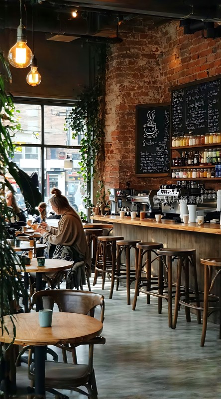 温馨咖啡馆砖墙绿植自然光线下的休闲时光