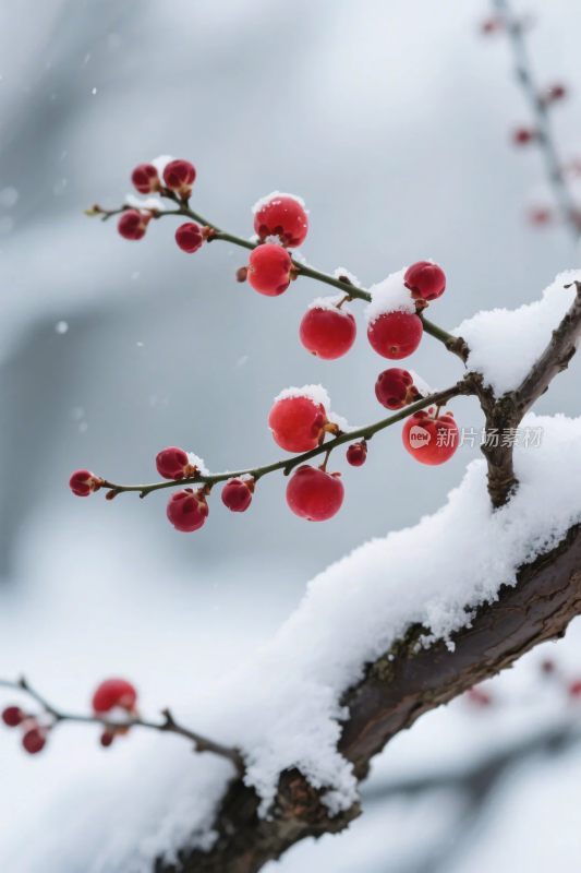 雪覆红果枝
