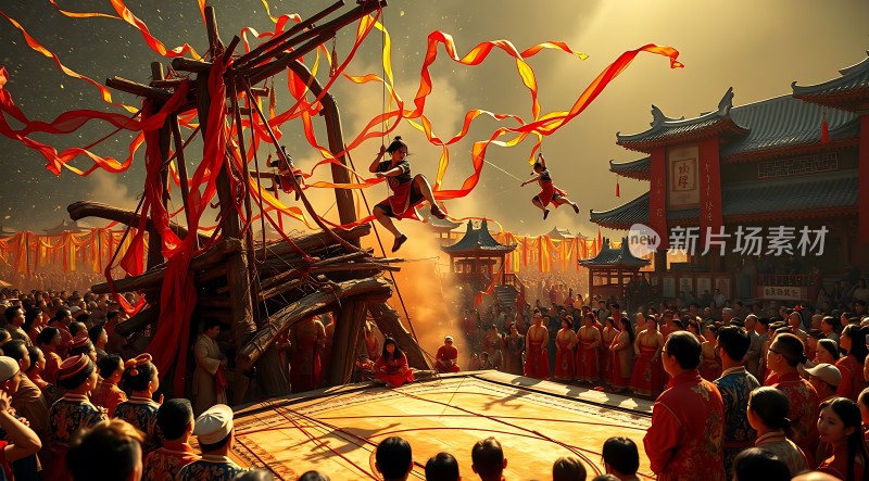 古代节日庆典观众围观杂技表演
