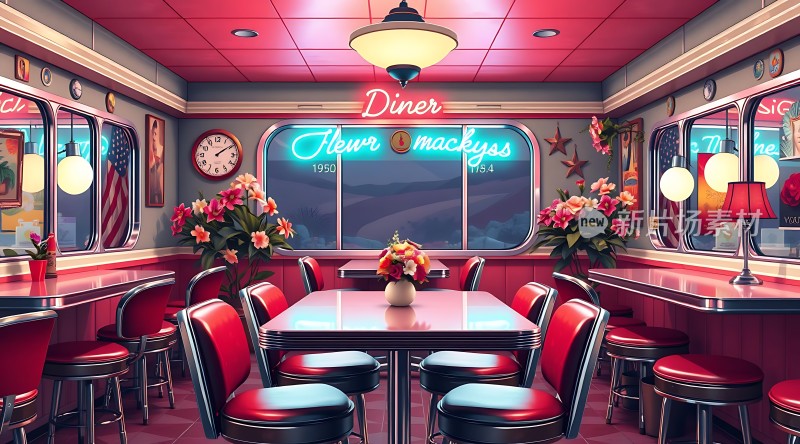 复古餐厅霓虹灯牌红色座椅花卉装饰温馨氛围