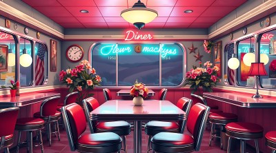 复古餐厅霓虹灯牌红色座椅花卉装饰温馨氛围 复古餐厅霓虹灯牌红色座椅花卉装饰温馨氛围