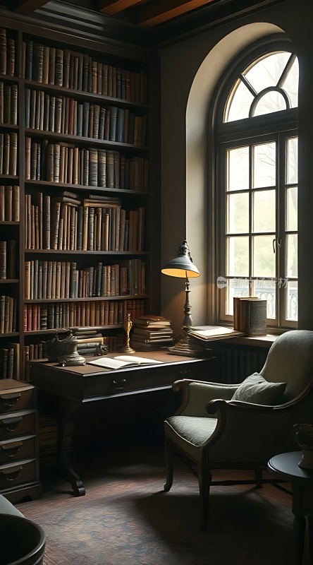 古色古香书房书架、桌椅与灯光营造静谧氛围