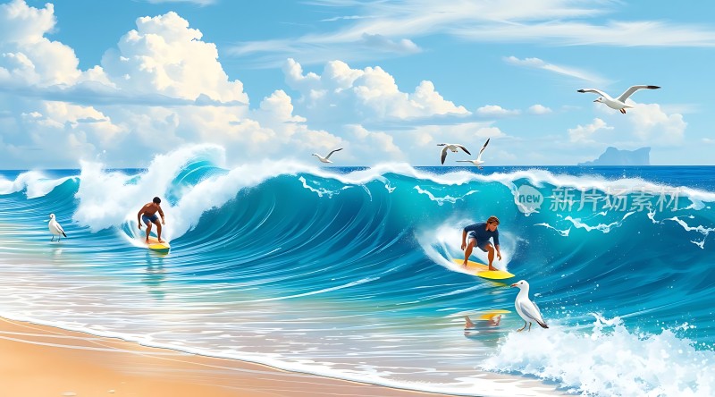 冲浪者与海鸥共舞的海滩风光