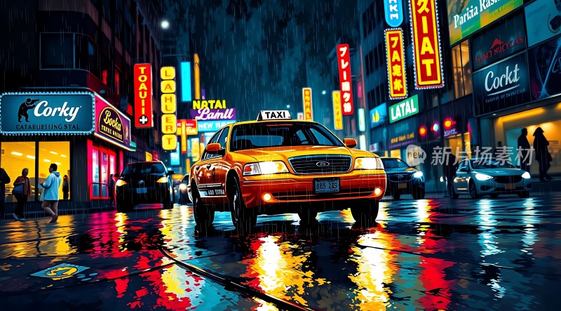 霓虹灯下的雨夜街头