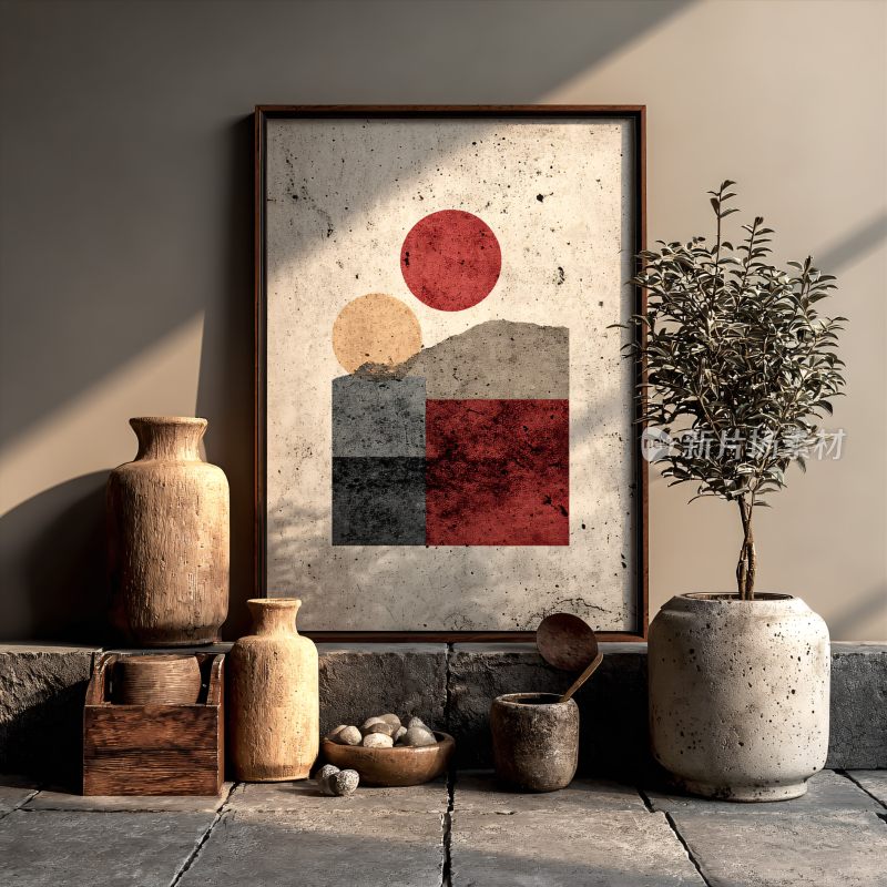 室内装饰画与陶罐绿植组合