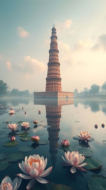 湖畔塔影映荷花