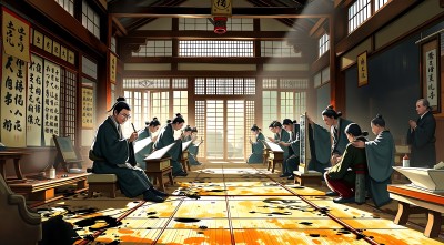 古风教室里一群人在学习书法 古风教室里一群人在学习书法