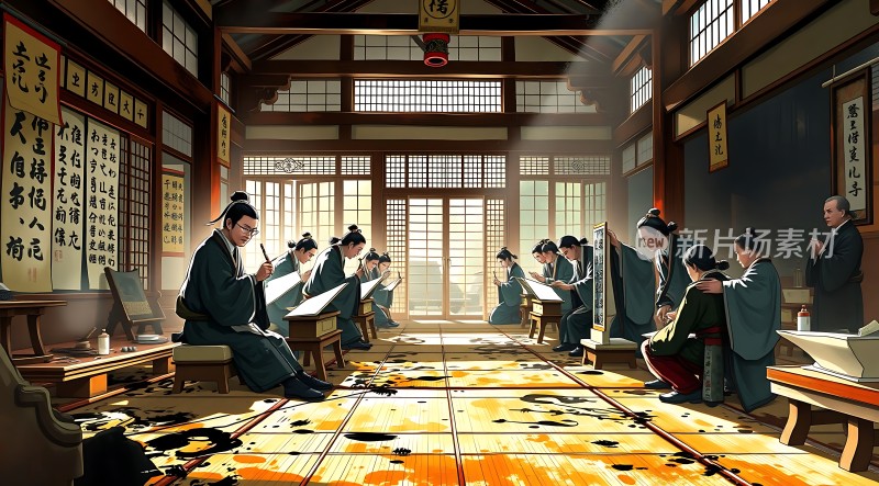 古风教室里一群人在学习书法