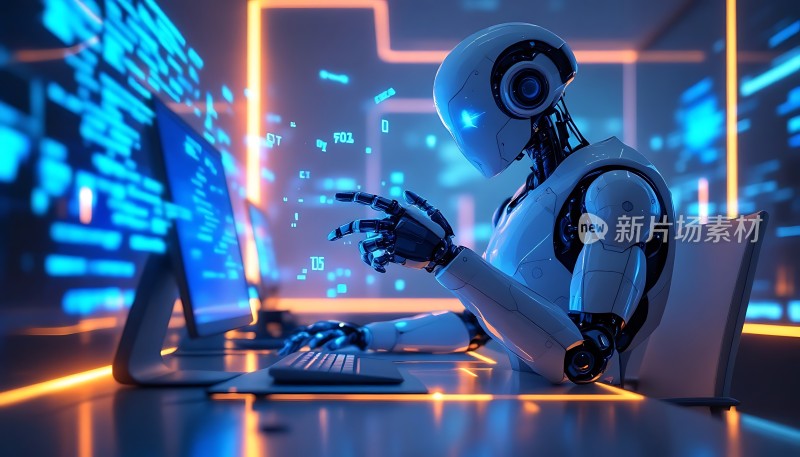 机器人操作电脑探索未来科技世界