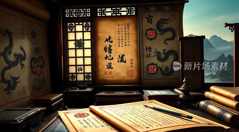 古风书房龙纹卷轴书法作品古典文房四宝