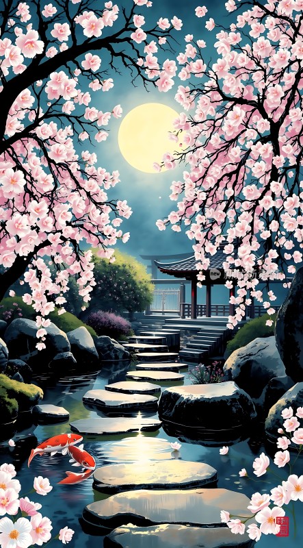 春夜月下樱花溪