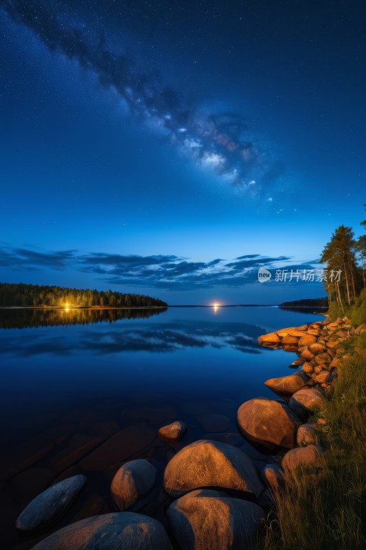 星夜笼罩着岩石和树木的湖泊高清风景图片