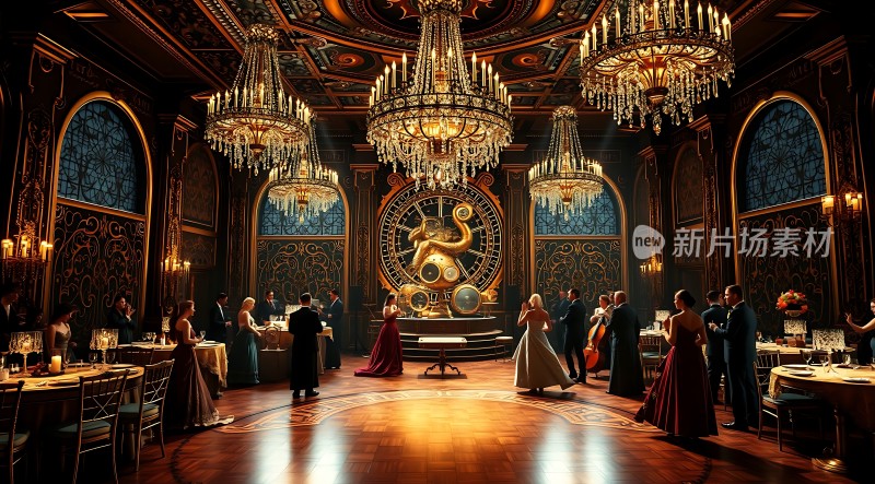豪华舞会金碧辉煌宾客云集华丽吊灯照耀下的优雅社交场合