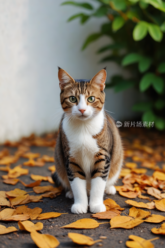 一只猫在地上长着树叶高清风景摄影图片