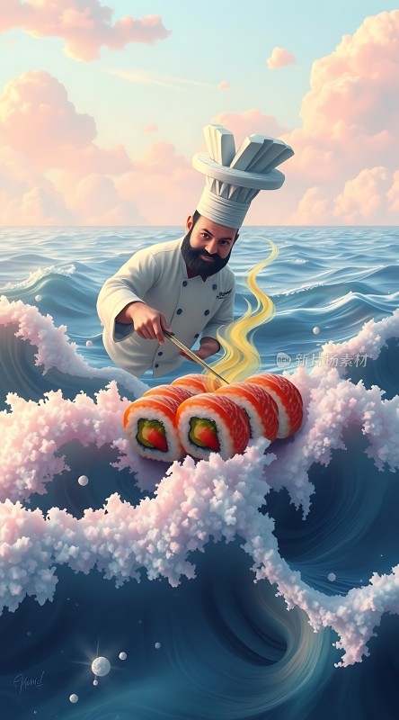 厨师在海浪上制作寿司的艺术画面