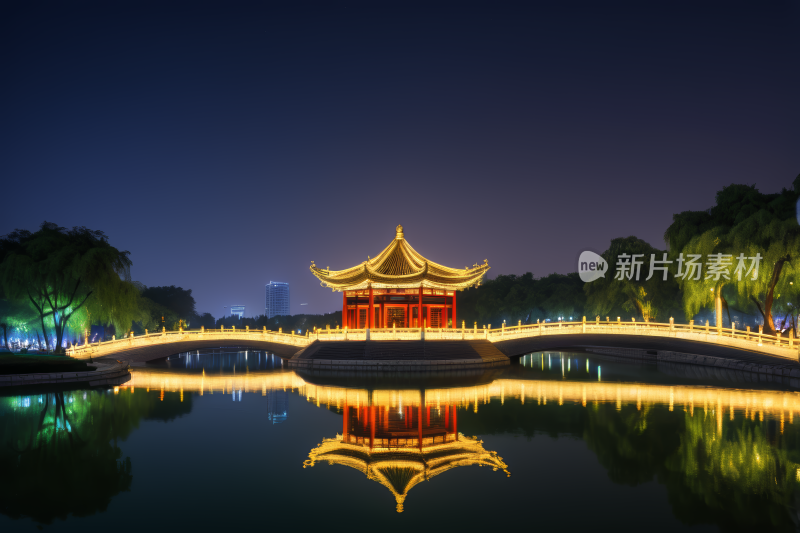 中国建筑和湖上桥梁的夜间景观风景风光图片