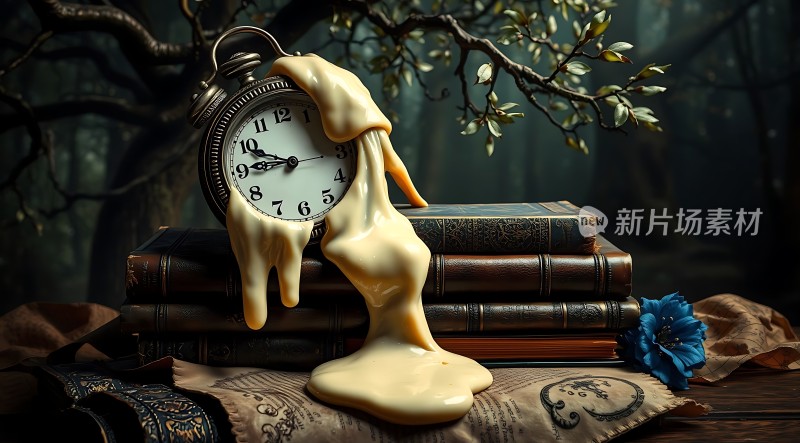 融化时钟与书籍的艺术构图