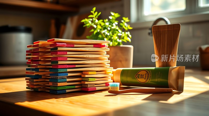 环保牙刷与牙膏组合展示