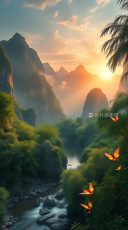 日出山谷蝴蝶飞舞