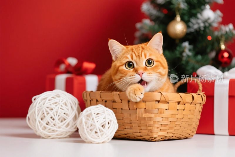 橘猫篮中迎圣诞