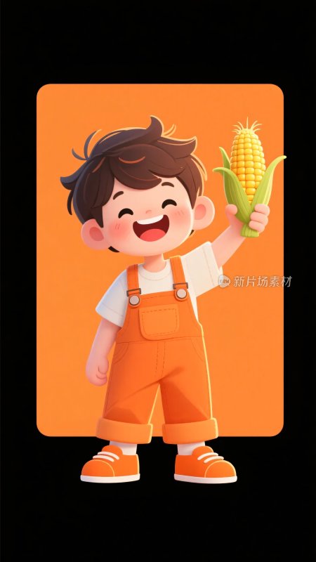 手持玉米的开心小男孩