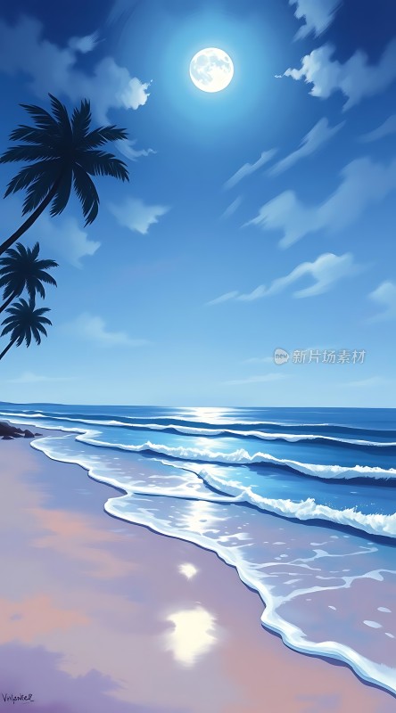 椰林月下海浪轻拍沙滩