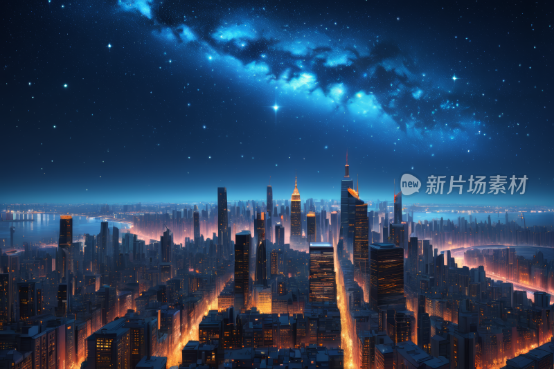 夜间城市景观星星和天空中的星系背景图片