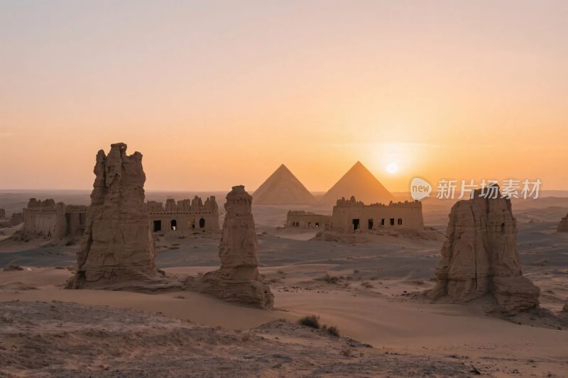 沙漠古遗址与金字塔风光