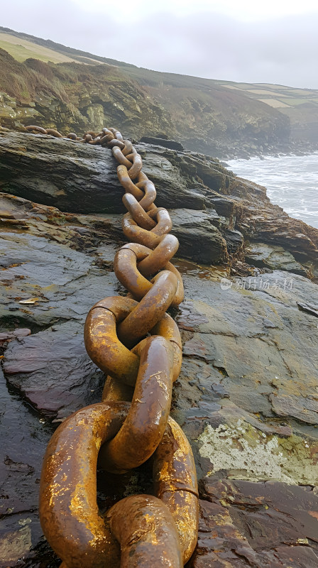 岩石海岸上生锈链子