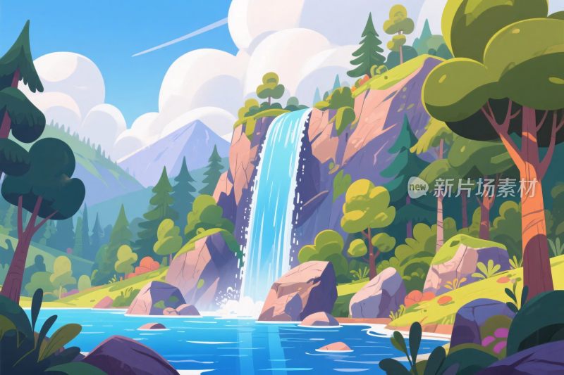 森林瀑布风景插画