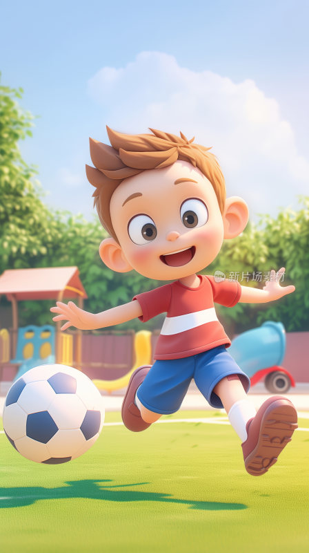 一个小男孩在游乐园的草坪上开心地踢足球