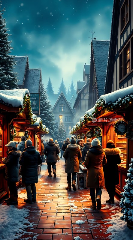 雪夜集市温馨圣诞氛围