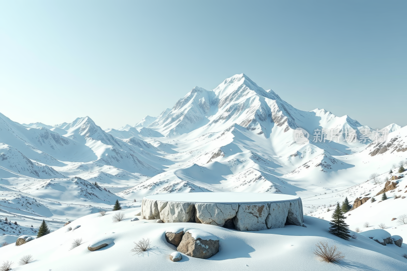 中间有大岩石结构的雪山高清风景风光图片