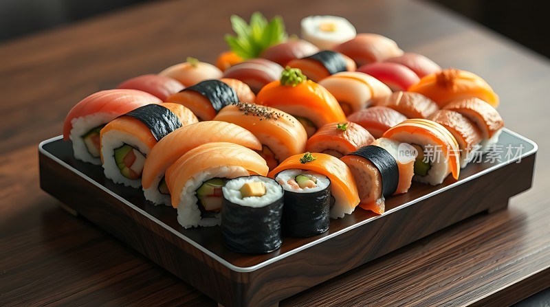 新鲜寿司大拼盘色彩缤纷美味诱人！