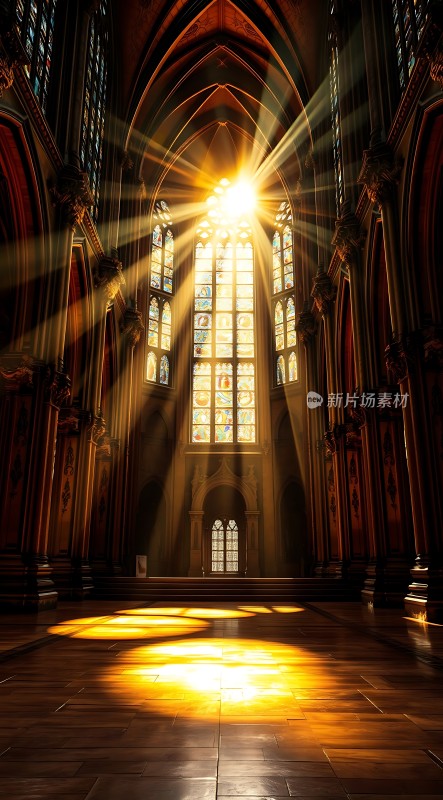 阳光洒满教堂内部彩色玻璃窗透出神圣光芒