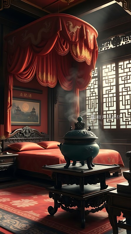 古风卧室红床绿鼎古典韵味