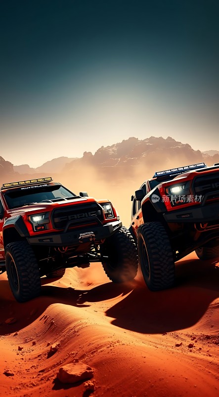 红色越野车驰骋在沙漠中