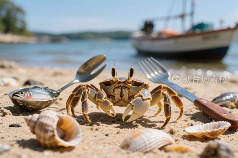 海滩螃蟹与餐具贝壳
