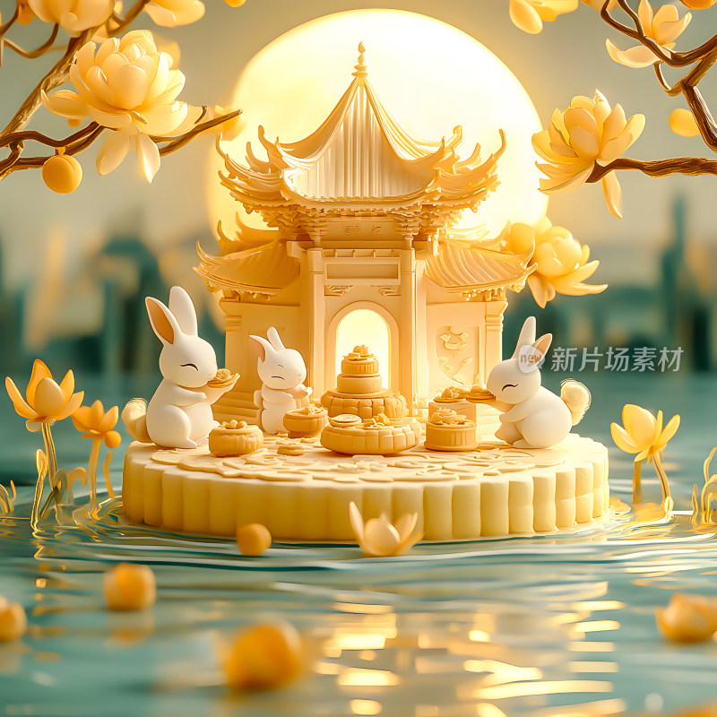 中国风中秋节兔子吃月饼3D创意插画