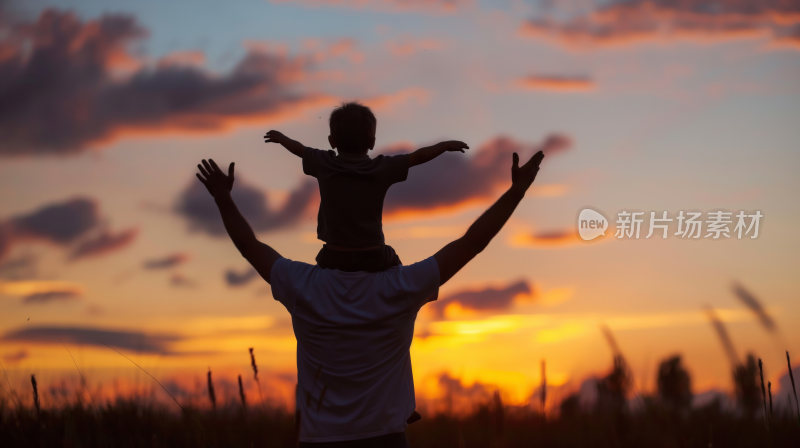 父亲节插画，夕阳下孩子骑在父亲的肩膀上