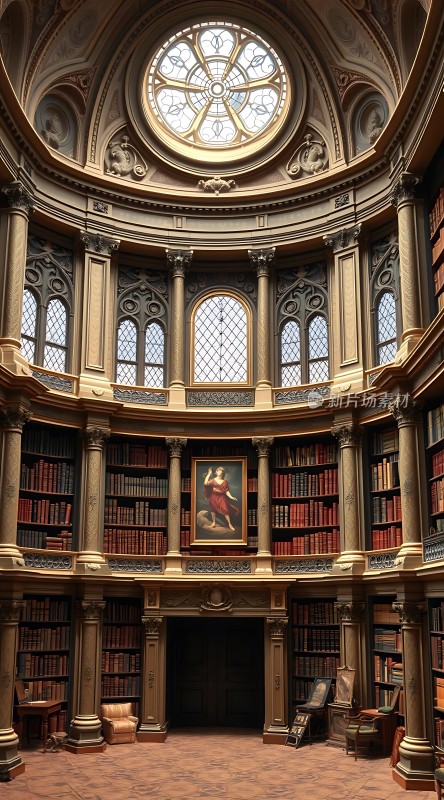 宏伟图书馆内部书架、画作与圆形窗户