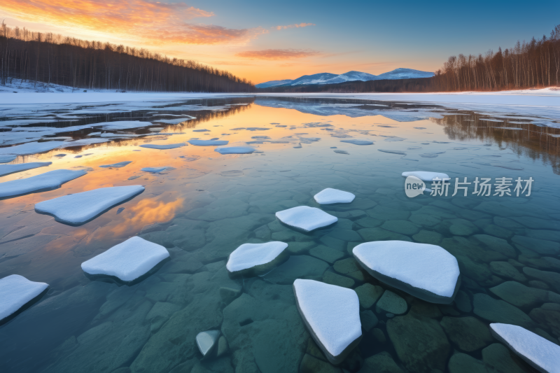 看到冰冻湖泊浮冰和树木的景色高清图片