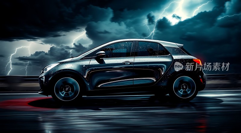 新片场素材黑色汽车在暴风雨中疾驰