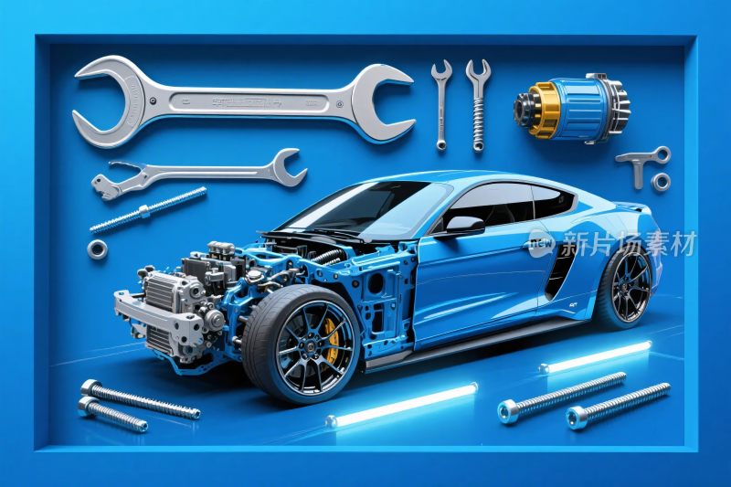 蓝色跑车维修工具展示